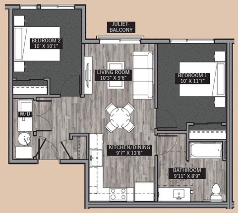 Floor plan for 2 beds, 1 bath, 760 sqft